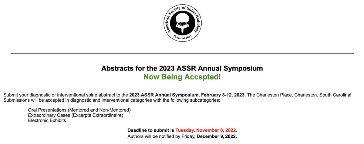 The_ASSR's tweet photo. Interested in joining us for the 2023 annual conference in Charleston? Abstract submissions are open! Due November 8th, 2022
https://t.co/qrrLeJuhL9
#ASSR23 #radres #NeuroRad #MSKRad #spine @TheASNR @The_ASPNR @ASHNRSociety @JackASSR23 @OrmsbyMD @KSeifertMD @radiology_ninja https://t.co/NBuNEjQ5qU