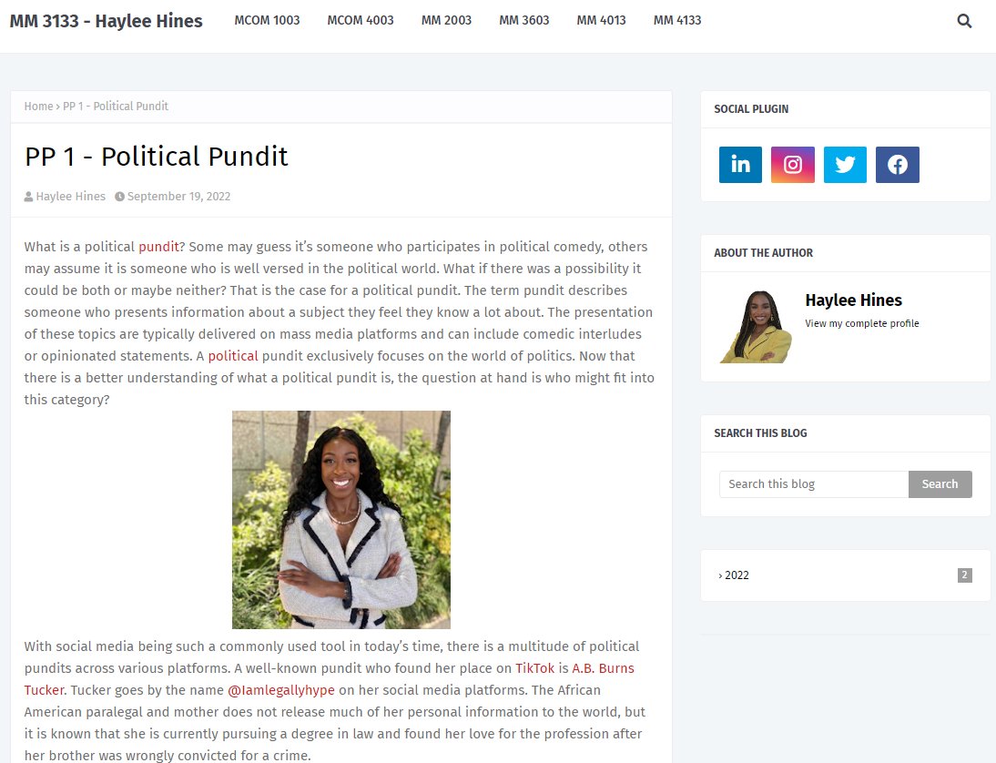 ProfJReppertSAU's tweet photo. #MM3133 - Position Paper 1 (Political Pundits) - Discuss and Critique on Friday, September 23 - MM 3133/Media and Politics - Posted on Student Websites - Fall 2022 Example (Haylee Hines) | https://t.co/Q8HwCbVDxo https://t.co/nOug1qmoyK