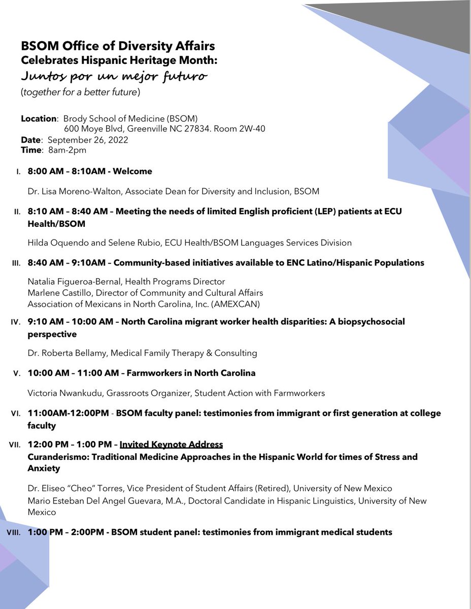 Monday is going to be a big day for @BSOM_Diversity ! Check out the planned line up for our “Juntos por un mejor futuro” (together for a better future) Hispanic Heritage Month event! We are so excited about our keynote speakers! #curanderismo