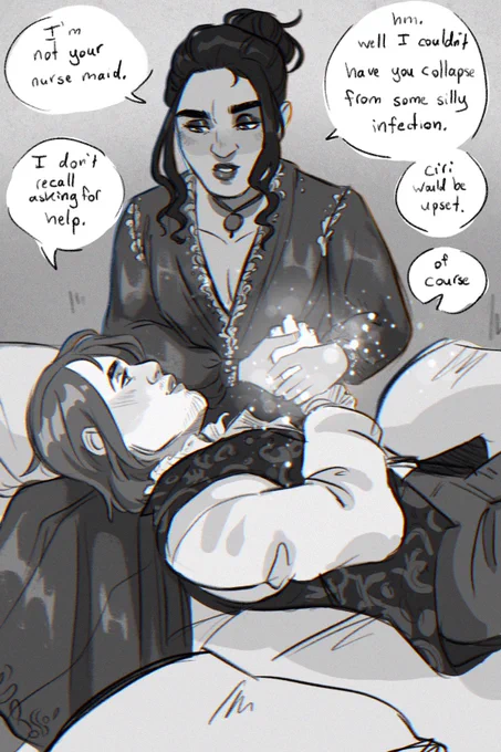 A kofi request for @RainBeauregard of either yennefer or geralt taking care of jaskier after Rience. And i simply cannot resist yenskier h/c 
