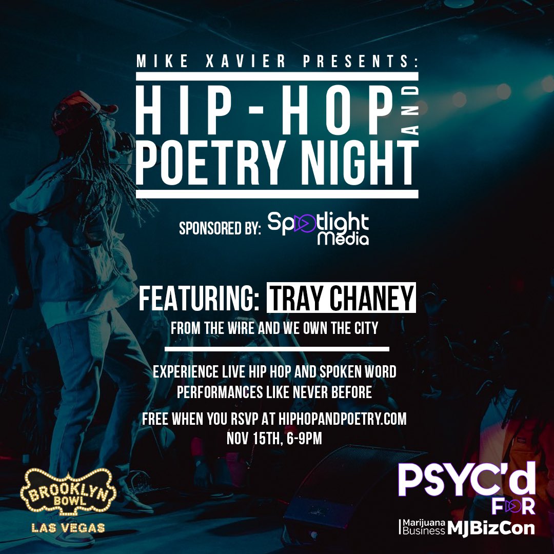 HipHopAndPoetry's tweet photo. LAS VEGAS!!! You're invited to the official @mjbizdaily Kickoff Party in Las Vegas @BBowlVegas with, featuring @hiphopandpoetry and @traychaney ! Thanks to our Sponsor, @spotlightmediacorp , this special event is FREE when you RSVP at https://t.co/N3JQjPOLSq. https://t.co/drub1jaNYP