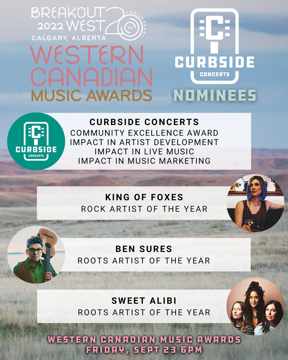 Curbside Concerts Canada (@canadacurbside) on Twitter photo Good luck to all the <a href="/BreakOutWest/">BreakOut West</a> WCMA nominees!
Especially CC artists <a href="/KingofFoxesBand/">King of Foxes</a>, <a href="/bensures/">bensures</a>, <a href="/SweetAlibi1/">Sweet Alibi</a>, <a href="/jessraeayre/">Jess Rae Ayre</a> & Amber Rose!
#Awards announced TONIGHT!
Check out the full list of nominees: buff.ly/3zzsCIX
Book live #music: buff.ly/3uNG1XE Good luck to all the <a href="/BreakOutWest/">BreakOut West</a> WCMA nominees!
Especially CC artists <a href="/KingofFoxesBand/">King of Foxes</a>, <a href="/bensures/">bensures</a>, <a href="/SweetAlibi1/">Sweet Alibi</a>, <a href="/jessraeayre/">Jess Rae Ayre</a> & Amber Rose!
#Awards announced TONIGHT!
Check out the full list of nominees: buff.ly/3zzsCIX
Book live #music: buff.ly/3uNG1XE