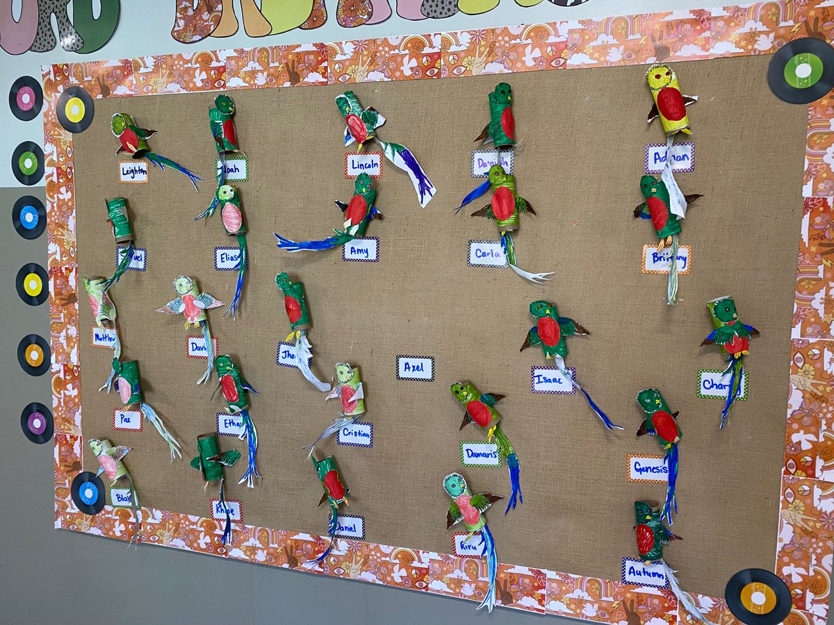 EdnaLToliver's tweet photo. Miss Horn’s 2nd grade class learned about Guatemala this week. The national bird is the Quetzal, an endangered bird native to Central American mountains and jungles. You can see the quetzal on the Guatemalan flag and money. #HispanicHeritageMonth https://t.co/NrCFHte29E