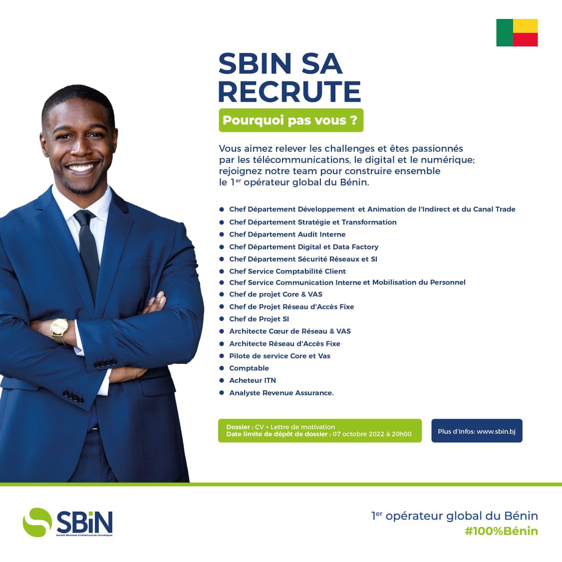 celtiisbj's tweet photo. [RECRUTEMENT] Prêt à rejoindre le 1er opérateur global du Bénin ? Découvrez nos offres de recrutement en suivent le lien ce lien 👉 : https://t.co/QIw8rKk0u0 #SBINSA #wasexo #Team229 https://t.co/0gwM9D8jog
