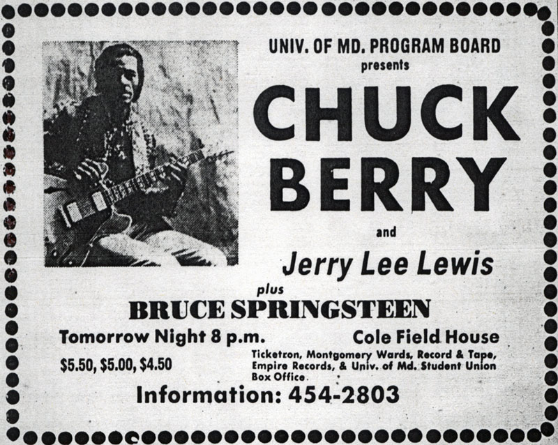 BoundaryStones's tweet photo. In 1973, Chuck Berry was scheduled to play at the University of Maryland and needed some backup musicians. Who did he get to perform? None other than Bruce Springsteen and the yet-to-be-named E Street Band: 
https://t.co/9KrZ96Cwon
#TheBoss https://t.co/xim1WyCiHL