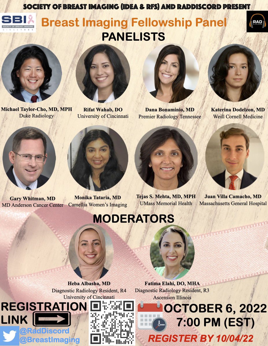 📣 #Radres! We are so excited to announce new programming by #raddiscord & @BreastImaging! Register for the upcoming Breast Imaging Fellowship Panel on 10.6.22 @ 7pm EST! 🤩 Please register using the QR code on the flier or via bit.ly/3LB1iOp All are welcome! 🥳