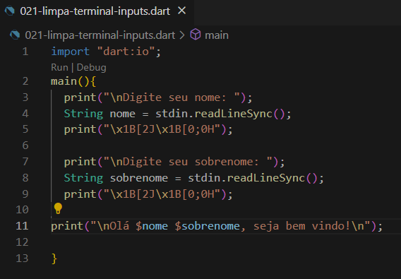 pixelpreto's tweet photo. Day 94 of #100DaysOfCode 

Limpar terminal após inputs
- Usa print("\x1B[2J\x1B[0;0H");
- Limpa após inputar nome;
- Limpa após inputar sobrenome;
- Exibe os dois inputs ao final.

#Dart #Flutter #VSCode #Coding #Programming #Code #Developers #Tech #SideProject #LearningHowToCode https://t.co/2q5oHHPXEk