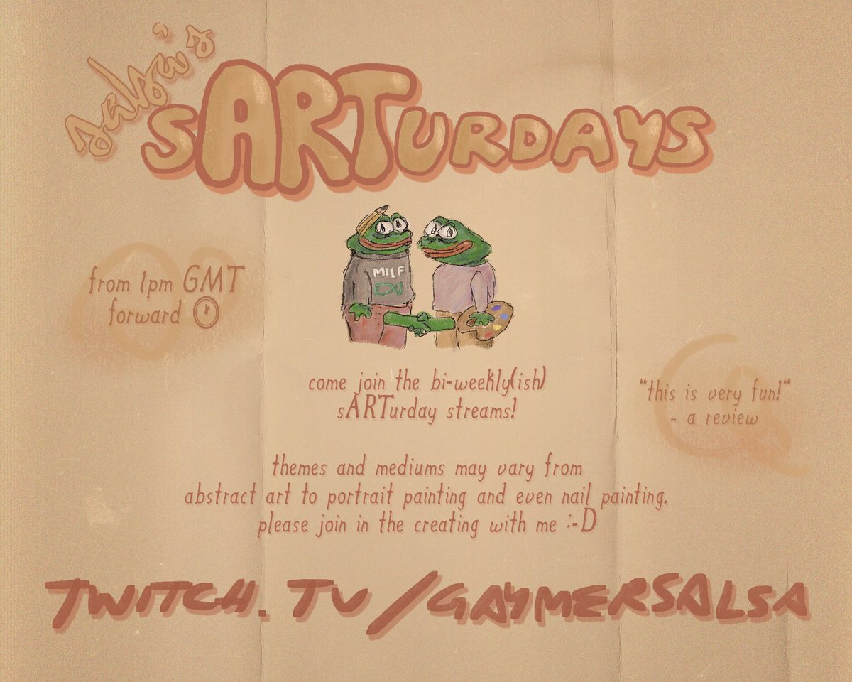 gaymersalsa's tweet photo. i'm starting a series on stream where i want to get people to join me in creating art! they'll be held bi-weekly, and we're starting with a #MCChampionship waiting room tomorrow with custom skribblio and gartic phone lobbies 🫡

COME JOIN!! 1pm GMT -> https://t.co/bJzYIHGinj https://t.co/Ih39dJC2cl