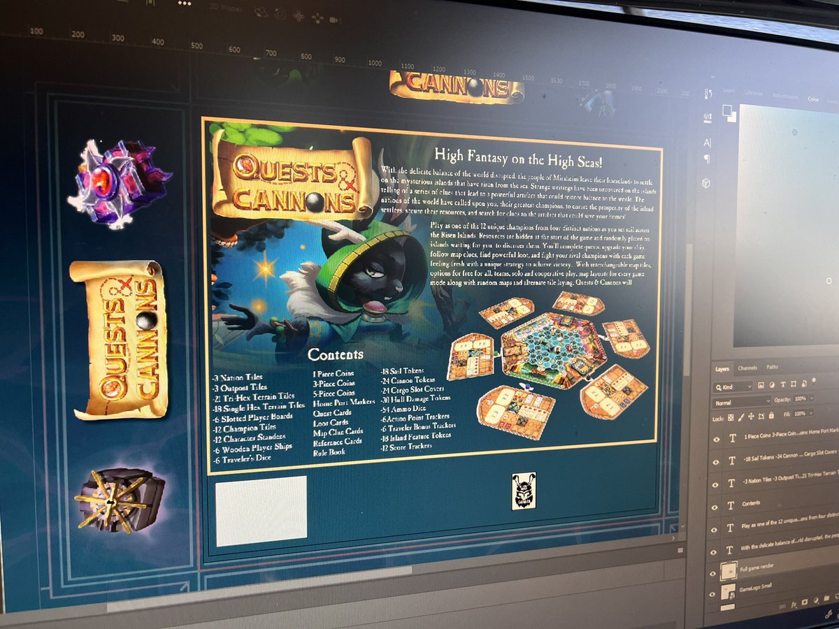 ShortHopGames's tweet image. Getting work wrapped on the back of the box for Quests &amp;amp; Cannons! Super close to having final files wrapped up and passed to manufacturing