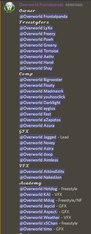 Team_Overworld's tweet photo. Here is an Updated roster. Roster page coming soon and may think about dipping our toes in NF soon as well. We are getting more and more people every week but wanted to at least post this https://t.co/gnsAO9xhVH