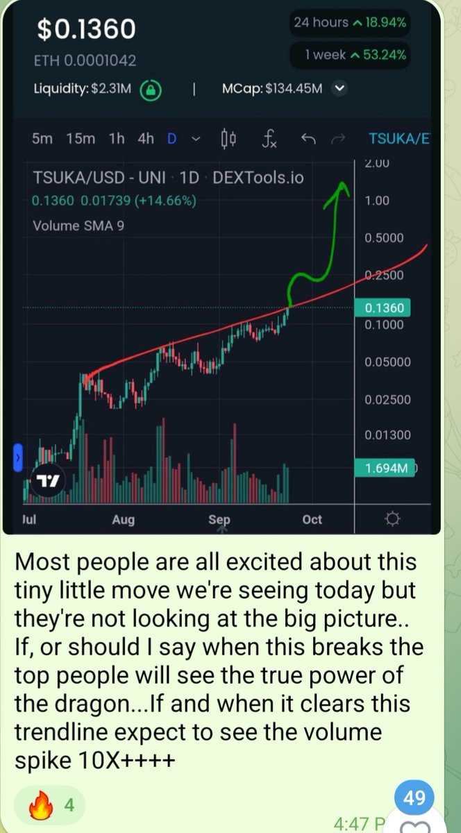Paddy_Stash's tweet photo. Obviously over the past few weeks $tsuka has been a market outlier..The wildest thing, these daily fluctuations are nothing compared to the potential breakout out of it clears this upper MACRO trend... < 7000 holders compared to $doge's 4.4 MILLION..  tic toc bring the VOLUME🐉🔥 https://t.co/1QIpBe1HQK
