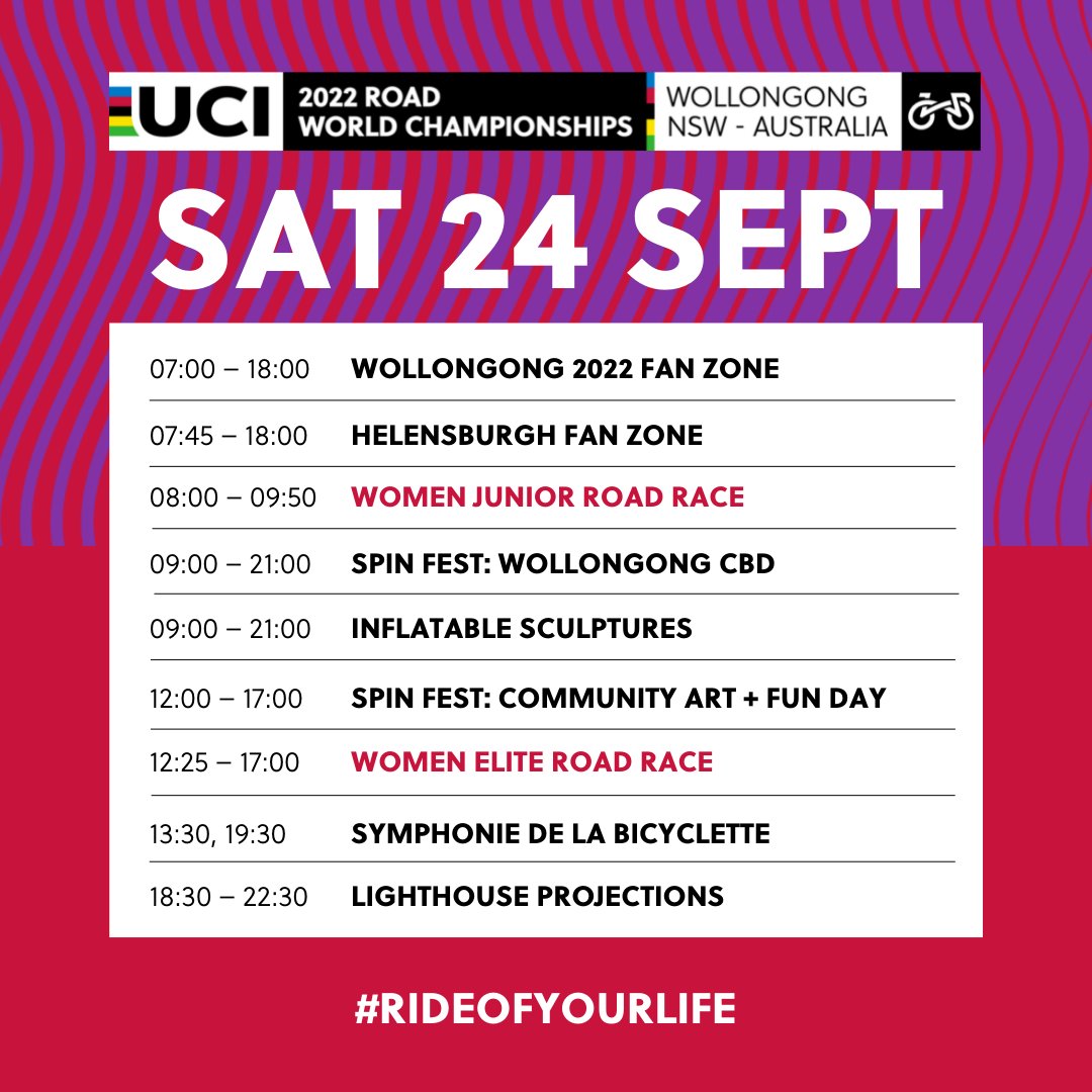 All smiles for Saturday 😁

Gear up for not one, but TWO Road Races on Day 7 of the 2022 UCI Road World Championships. 👏 We have a heap of community events stacked up while the Junior and Elite and Women peddle it out. 🚴‍♀️

🔗 Find out more here: bit.ly/3dAsikB