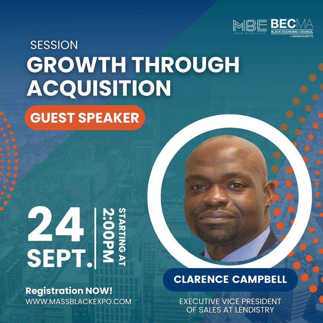 BECMAinc's tweet photo. We’re excited to have Clarence Campbell as part of our “Growth through Acquisition” at the Mass Black Expo! https://t.co/eki3gxilfw
Be sure to join him virtually on Saturday, Sept. 24 at the Mass Black Expo!
#MBE #MBE22 #MassBlackExpo #BECMA https://t.co/i4WkL0JHKC