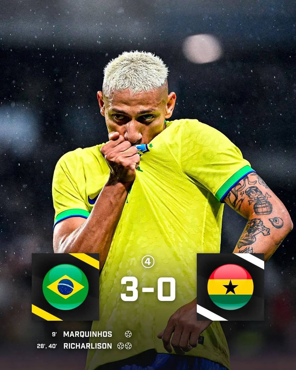 SportsMwalimu's tweet image. FULL TIME 

🇧🇷 Brazil 3-0 Ghana 🇬🇭 

⚽️Marquinhos
⚽️Richarlison
⚽️Richarlison

#IntFriendlies