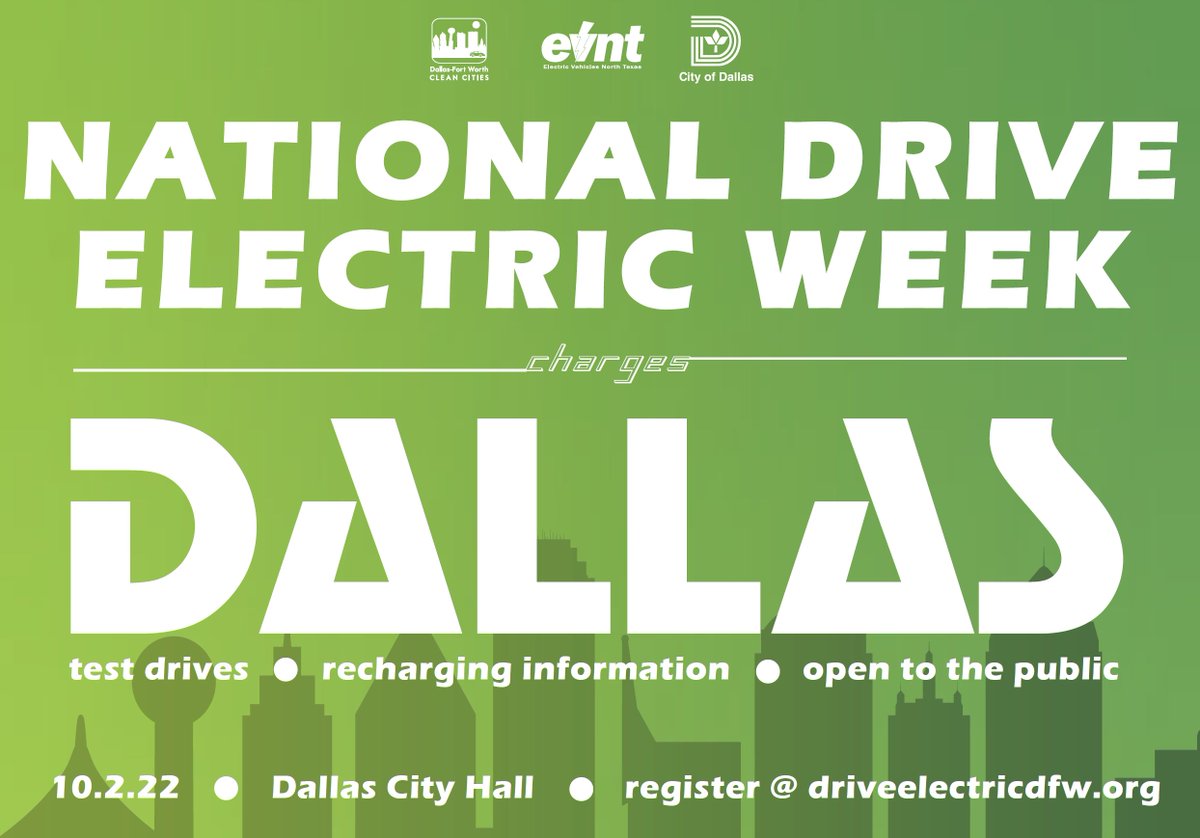 NTxREG's tweet photo. The Annual National Drive Electric Week event will take place on 10/2 at Dallas City Hall! Learn more and register here: https://t.co/uo4edQvjqa #NDEW2022 #texasEV #NDEWDallas https://t.co/XZr1wFNhEb
