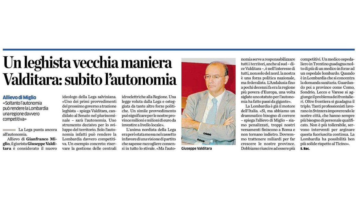 Il mio articolo su 'La Provincia' di #Lecco, #Como e #Sondrio. Ho parlato di #autonomia: obiettivo che potrà rendere la #Lombardia davvero competitiva. Io ci #Credo