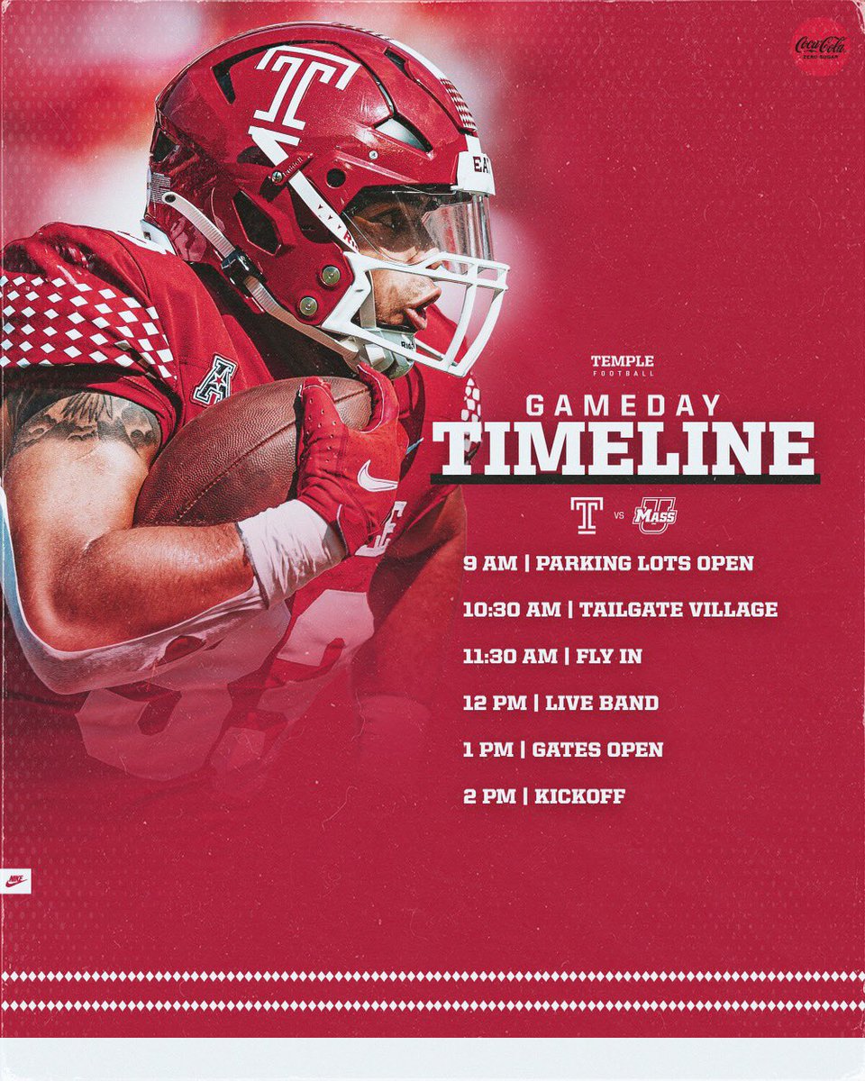 Temple_FB's tweet photo. Game Day Timeline for tomorrow’s matchup with UMass
  
#TempleTUFF @treyblair5 https://t.co/2892KUDadG