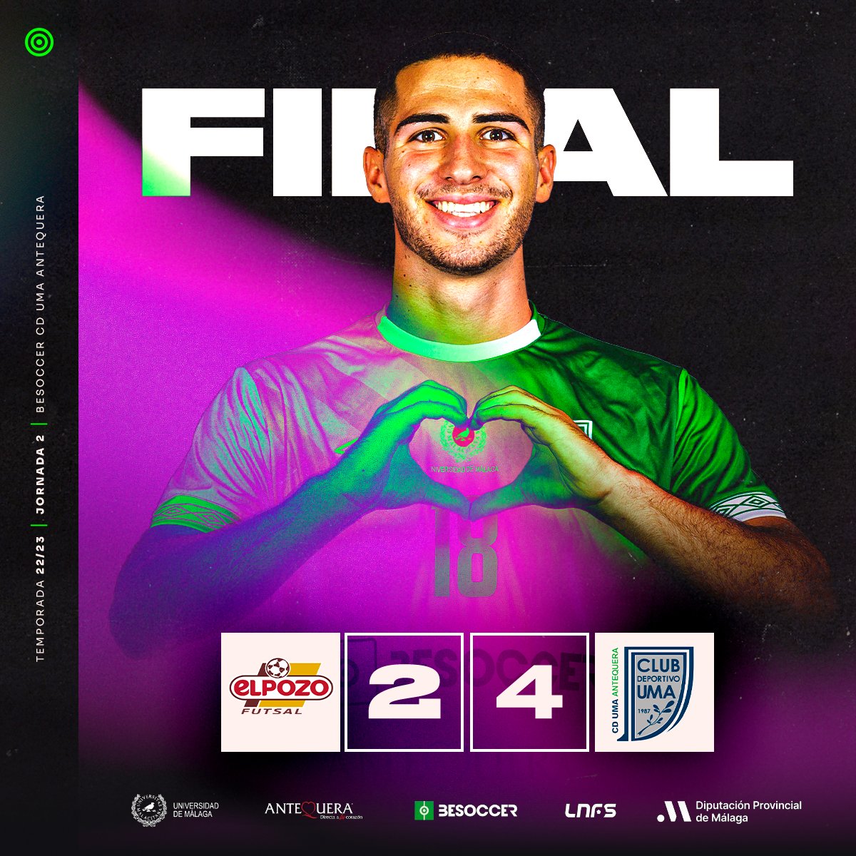 MalagaFS's tweet photo. FINAL DEL PARTIDO ⏰ 

@ElPozoMurcia_FS 🤍 2-4 @besoccer_ES #CDUMAAntequera 💚

¡TRES PUNTAZOS QUE NOS LLEVAMOS PARA CASA! ¡ENORME ESFUERZO DE LOS GUERREROS DE @tetefutsal10! 

🏆 Jornada 2

📺 @LaLigaSportsTV 

#GoUMA #ElPozoUMA https://t.co/PYOCidmd28