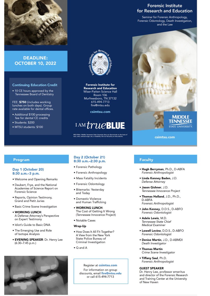 FireMtsu's tweet photo. Register for the Forensic Anthropology, Forensic Odontology, Death Investigation and the Law seminar at https://t.co/j3lShymV40. Space is limited! https://t.co/n2sUQl8mTv