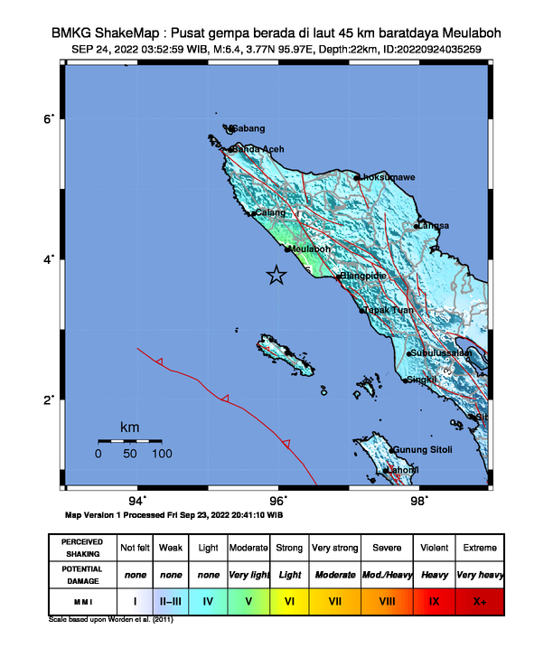 #Gempa Mag:6.4, 24-Sep-22 03:52:59 WIB, Lok:3.77 LU, 95.97 BT (Pusat gempa berada di laut 45 km baratdaya Meulaboh), Kedlmn:22 Km Dirasakan (MMI) IV Pasie Raja, III Banda Aceh, III Meulaboh, II Pidie #BMKG