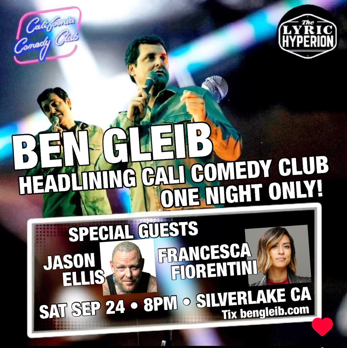 SoCal! They just hooked up a promo code for my rare headlining show in LA for this Saturday 8pm <a href="/calicomedyclub/">California Comedy Club</a> <a href="/LyricHyperion/">The Lyric Hyperion</a>. 

First look at the brand new hour I’m developing. 

Special guests <a href="/EllisMate/">Jason Ellis</a> <a href="/franifio/">Francesca Fiorentini</a>! Use code CODE for $5 off.

californiacomedyclub.com/events/ben-gle…