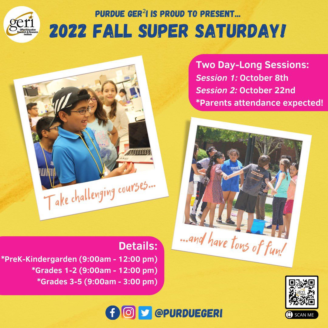 Are you having a great weekend? Well, you're about to have an even better one! Registration for GER2I’s 2022 Fall Super Saturday is LIVE! We’re featuring a variety of courses for PreK-5th grade on October 8th &amp; 22nd; you don't want to miss out! Register TODAY by scan the QR code!
