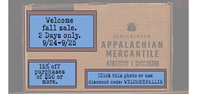 Welcome fall sale this weekend only 9/24-9/25!! 15% off all purchases of $50 or more. Use discount code WELCOMEFALL15 or click this link to have it automatically added to your cart!
jqdappalachianmercantile.com/discount/WELCO… 
#fallsale #appalachia #jqdsalt