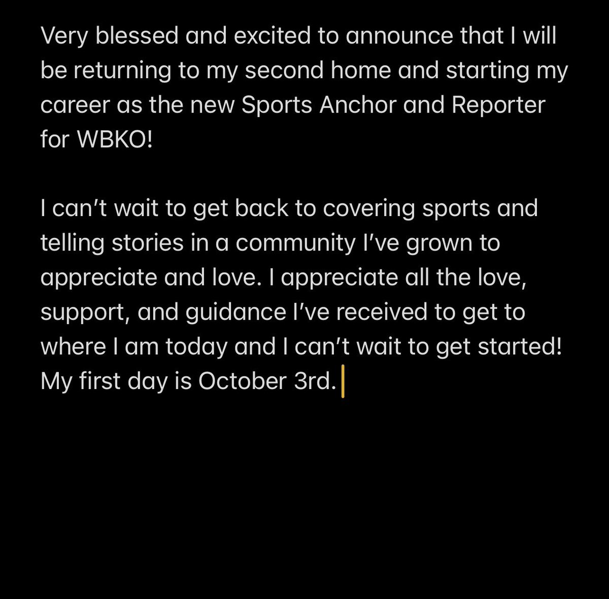 _KLG3's tweet photo. After graduating from WKU five months ago I’ll be returning back to Bowling Green as the new Sports Anchor/Reporter for @wbkosports ! 

Can’t wait to get started! https://t.co/HmV6uYZrLC