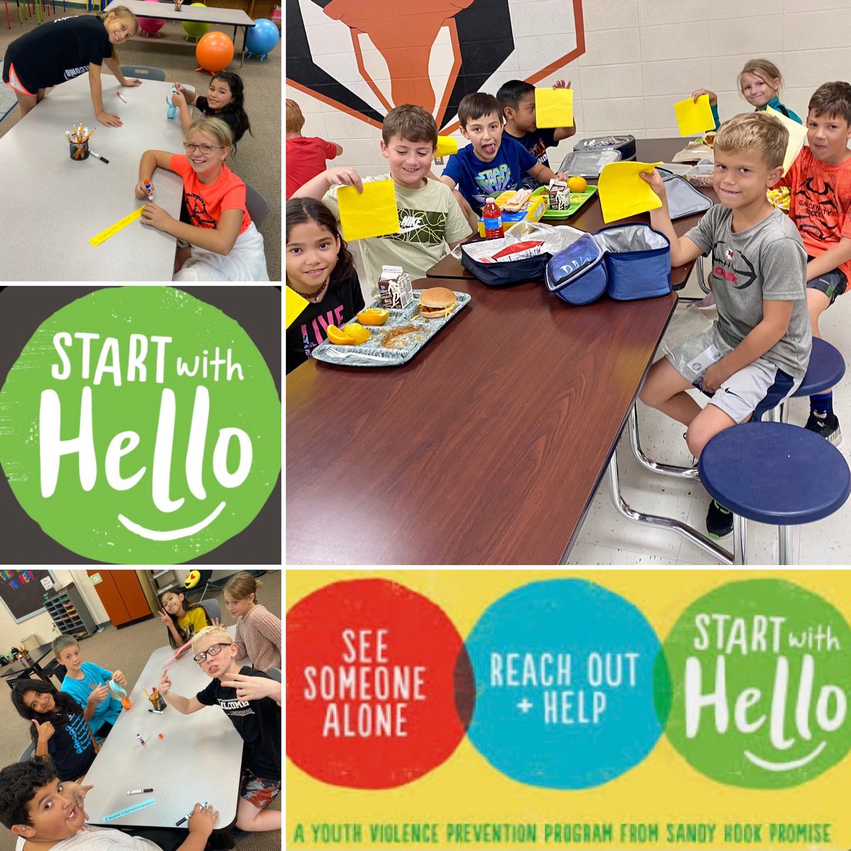 👋🏻Both Holcomb Elementary and Wiley participated in Start with Hello Week this week! Students had to mix it up at lunch, create promise chains, spread gratitude with sticky notes, and they even learned how to say hello in different languages!  

#StartWithHello #HornsUp