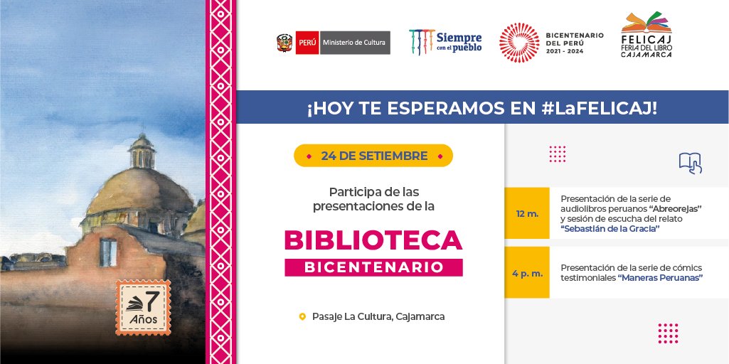 bicentenariope_'s tweet photo. ¡Volvemos para leer! 📚 Disfrutemos juntos de la #FELICAJ y participemos en el taller para escolares y la presentación del proyecto “Nuestros Relatos”, que incluye obras artísticas cajamarquinas. 
⏰ Desde las 5 p. m.
📍  Pasaje de La Cultura
#FELICAJ
#BicentenarioPerú2024 https://t.co/ivfuZdOoZJ