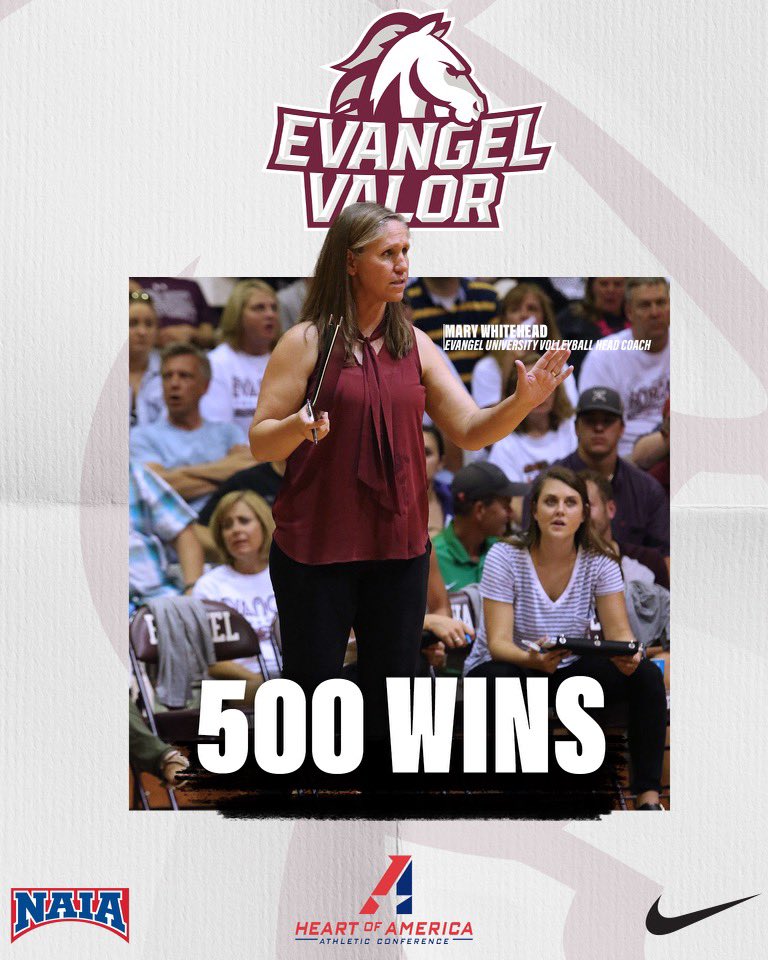 With Evangel Volleyball’s win over Bethel, Coach Mary Whitehead has recorded the 500th victory of her career!

To put this milestone in perspective, there are only 10 other active coaches with over 500 wins in NAIA VB.

Congratulations on this incredible milestone, Coach!