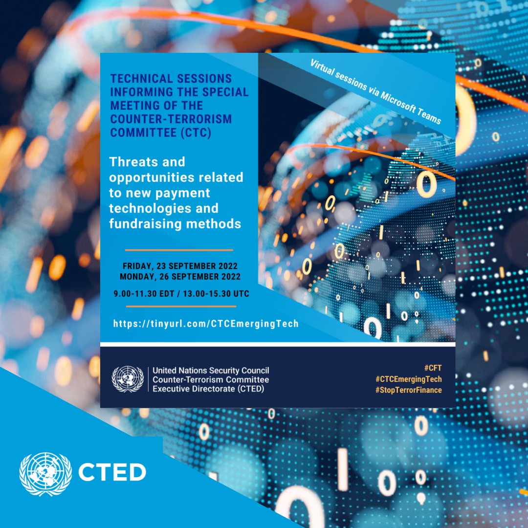 UN_CTED's tweet photo. Happening Now: The 2nd session of @UN_CTED 's #CFT-focused technical meetings starts now, addressing global &amp; regional trends in the misuse of new payment technologies &amp; fundraising methods for terrorism financing purposes. Highlights to come.
#CTCEmergingTech #StopTerrorFinance https://t.co/gAwB2zS5KS