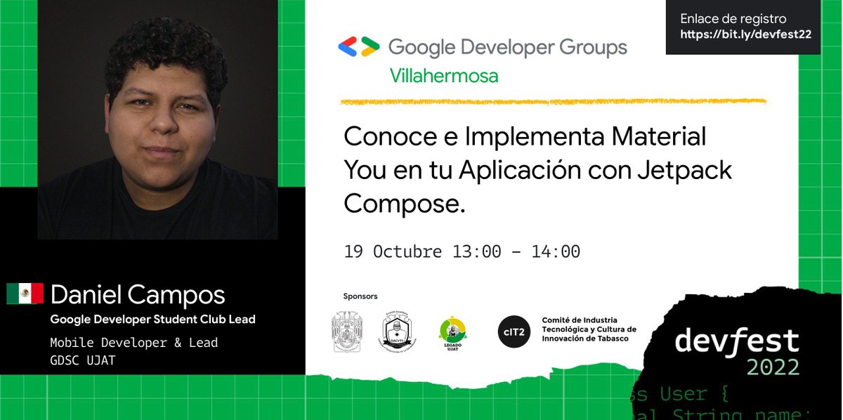 gdgvhsa's tweet photo. Conferencias #DevFest2022 #GDGVillahermosa
19 de octubre, modalidad presencial 👇

[Enlace de registro] https://t.co/tqJSrjwF4Q🔥 
Del 19 al 21 de octubre 🚀 https://t.co/LmdiBw7EnY