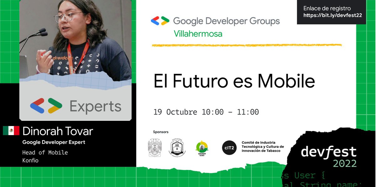 gdgvhsa's tweet photo. Conferencias #DevFest2022 #GDGVillahermosa
19 de octubre, modalidad presencial 👇

[Enlace de registro] https://t.co/tqJSrjwF4Q🔥 
Del 19 al 21 de octubre 🚀 https://t.co/LmdiBw7EnY