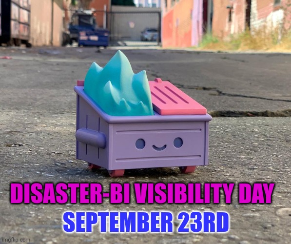 chaospr1ncess's tweet photo. There are plenty of #BiVisibilityDay2022 graphics but no #disasterbi graphics. So I made us a disaster #BiVisibilityDay graphic.
Anyway, still here, still queer, still very tired, still a velociraptor, still disastrous, still wondering if the straight people are ok. Hiiii https://t.co/46SWyehpKT