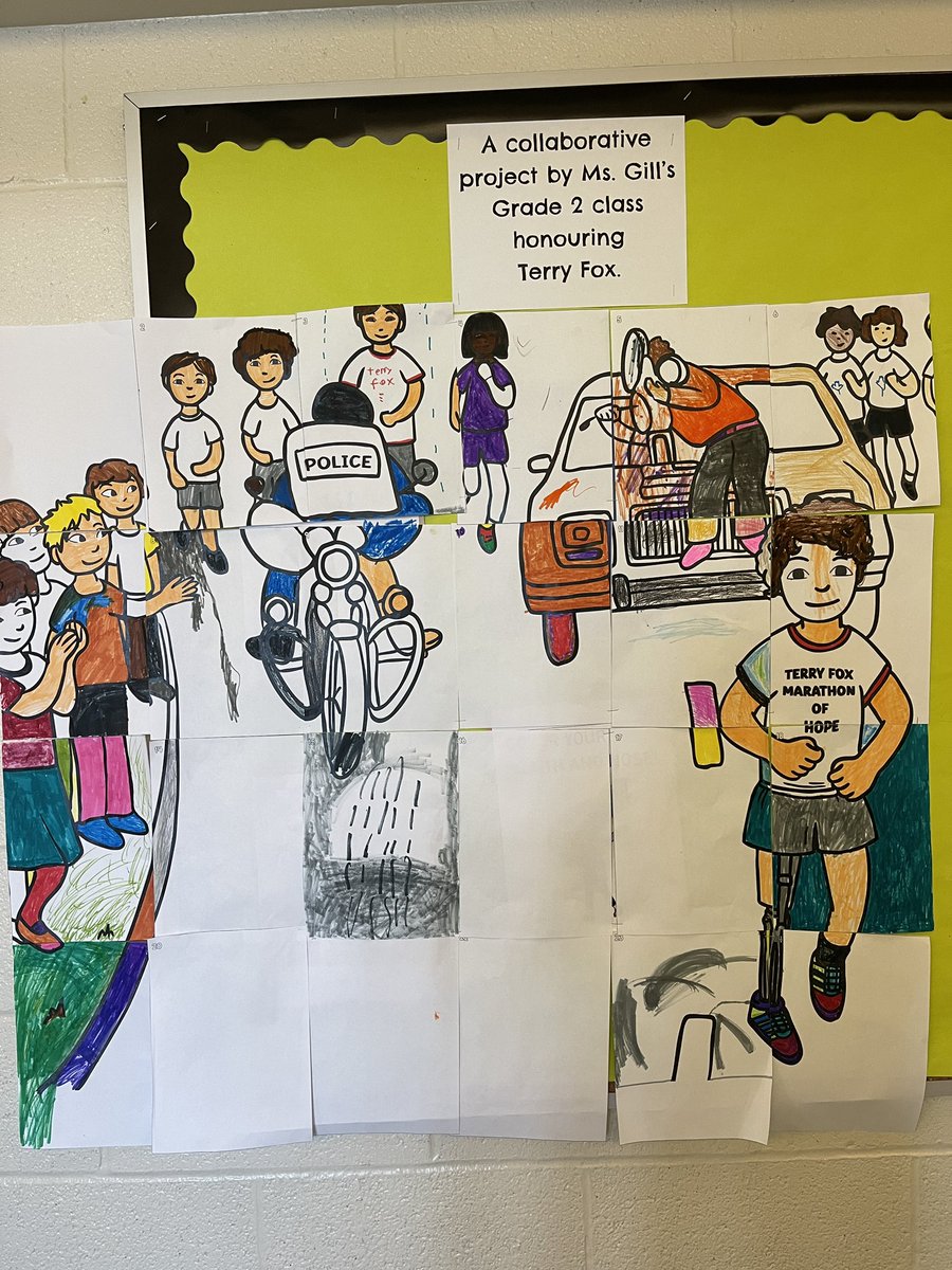 Honouring Terry Fox with a collaborative piece.  Each child was given a picture to colour and we pieced it together to form a large picture.  <a href="/WilfridJuryPS/">Wilfrid Jury PS</a>