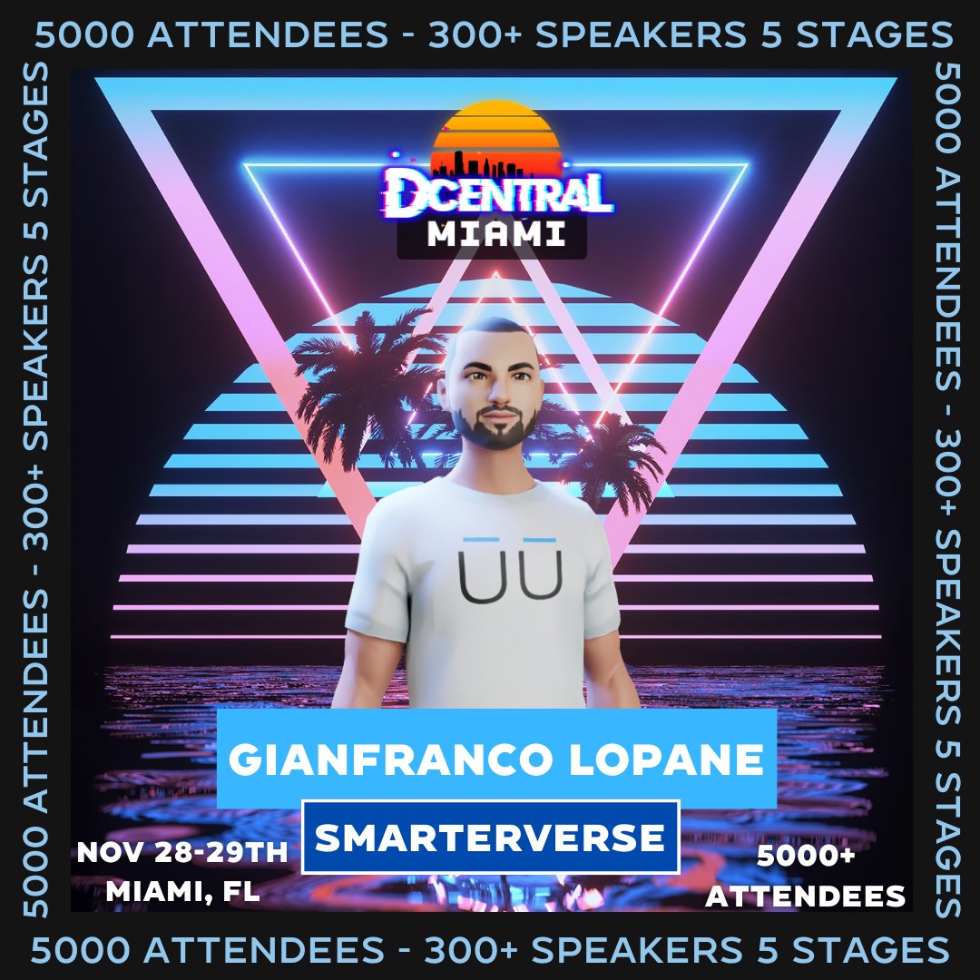 dcentralcon's tweet photo. 🌴 We are excited to have @Glopane of SmarterVerse join us as a speaker for Miami!📣

DCENTRAL Miami is the largest combined Web3 conference for NFTs &amp; Defi.

Nov 28th-29th.
5 Stages. 200+ Exhibitors. Afterparties.

Get your tickets now! 👇
https://t.co/eDDNmC4fTT https://t.co/vESNqt32nt