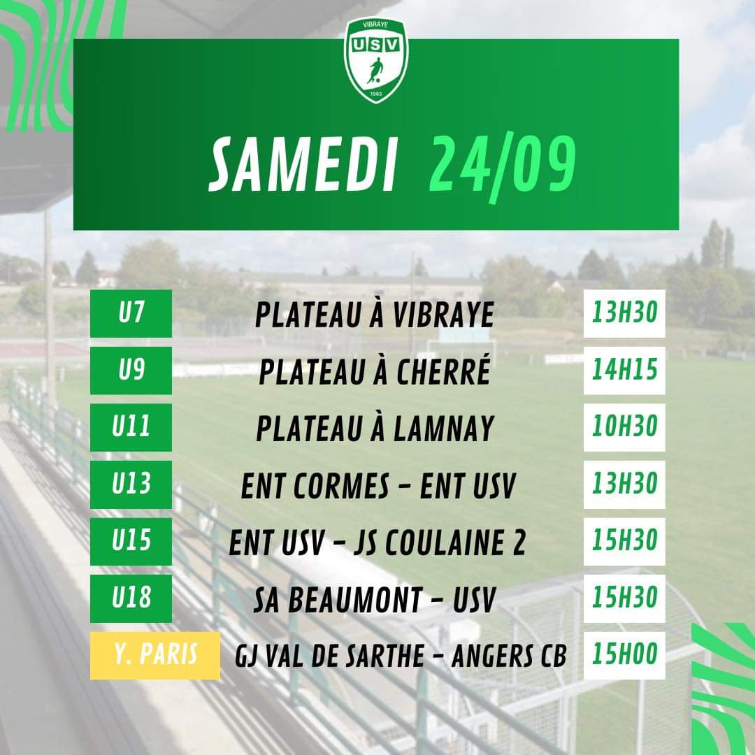 USVibraye's tweet photo. Après 3 défaites pour nos 3 équipes seniors lors de leurs journées d'ouverture du championnat, il faut se relancer !

Voici le programme du week-end👇

#AllezVibraye⚪️🟢 https://t.co/xGsat83B2D