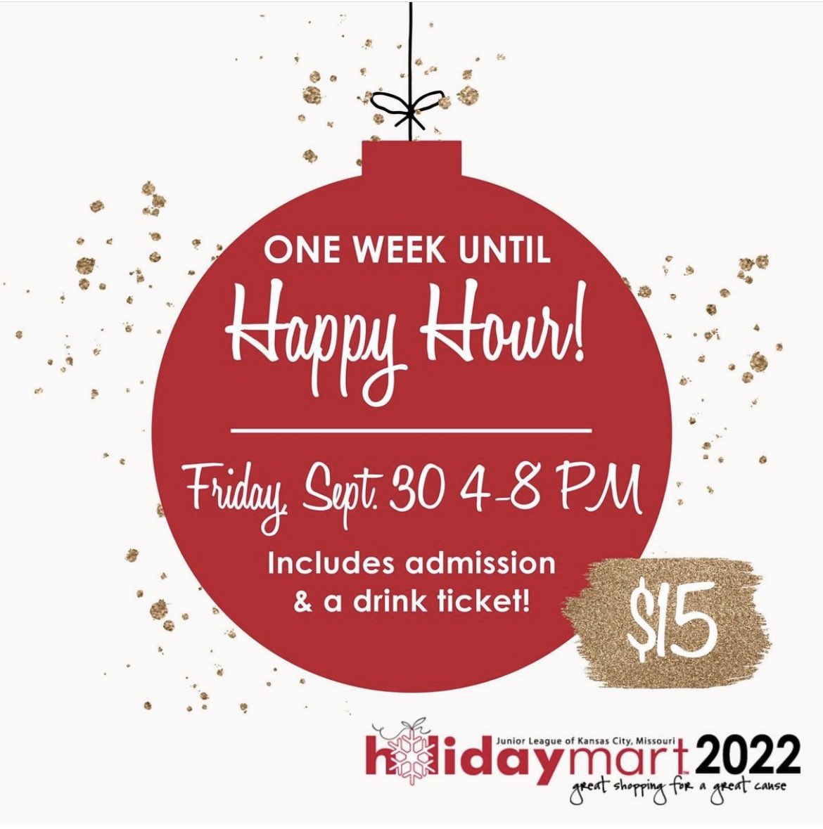 HolidayMartKC's tweet photo. Our Sip and Shop Happy Hour is ONE WEEK away! Your ticket includes admission and a drink ticket. Join us next Friday, September 30th from 4-8 PM, purchase your ticket today!
https://t.co/MkluVn3YMj 

#JLKCMO #greatshoppingforagreatcause #HolidayMartKC https://t.co/3C2AqmQF7G