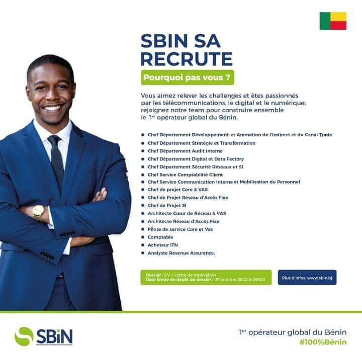 actualites229's tweet photo. 🇧🇯 [RECRUTEMENT] 
Prêt à rejoindre le 1er opérateur global du Bénin ? Découvrez nos offres de recrutement en suivent le lien ce lien 👉 : https://t.co/sJOhuLlYEo #SBINSA #wasexo #Team229 https://t.co/gRj2ftfGFw