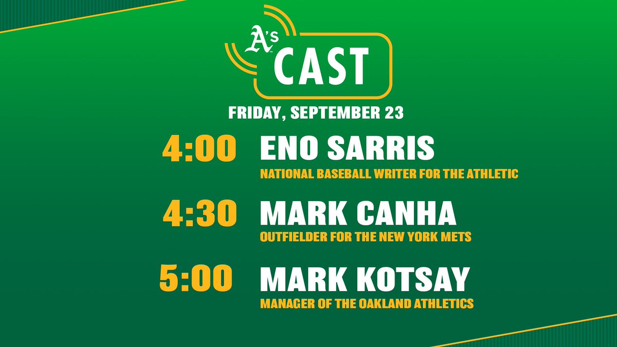 #AsCastLive will be streaming from 4:00-5:30 P.M. with Chris Townsend from The Treehouse ahead of @Athletics & @Mets GUESTS: @enosarris 4:00 @outtadapakmark 4:30 @MKots14 5:00 📺 : youtube.com/athletics 🎧 : athletics.com/ascast