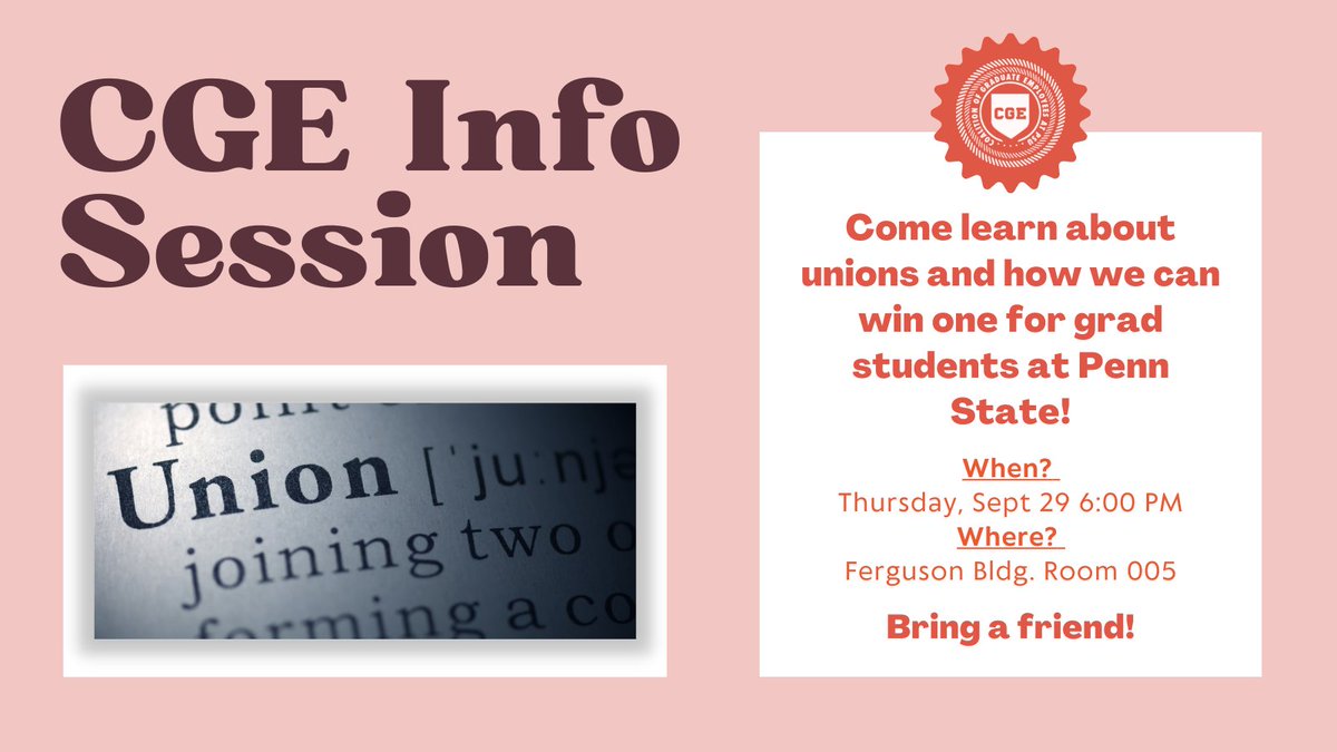 cge_psu's tweet photo. What's a union?
Why do we need one?
How do we get one?
Come get all those answers and more!
#GradsWork #cgepsu #GradUnion https://t.co/D3J3mNWtO3