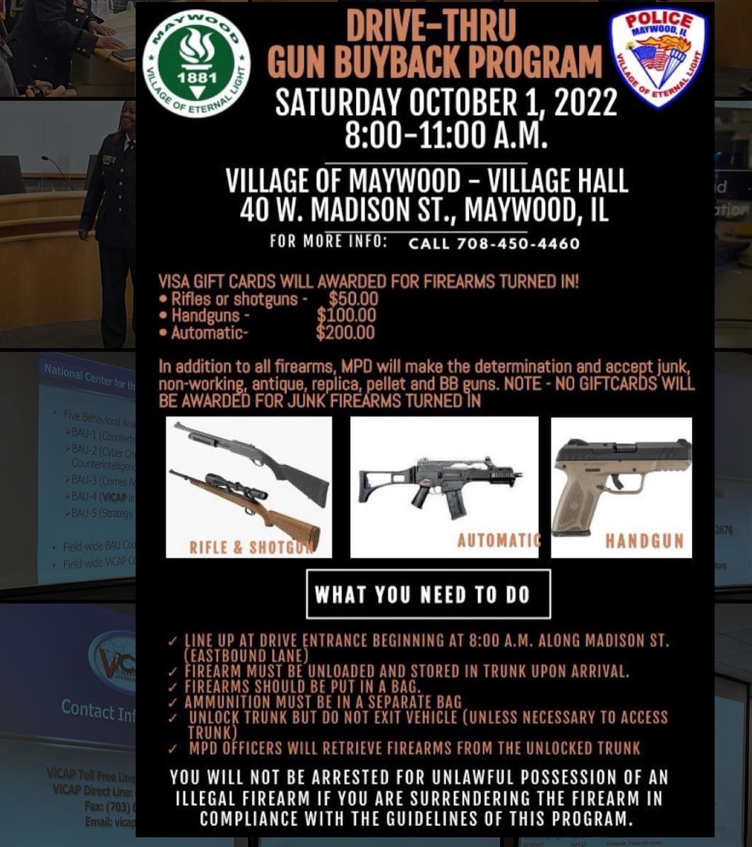 MaywoodILPD's tweet photo. The Village of Maywood Police Department will host a Gun Buyback event on Saturday, October 1st, 2022, beginning at 8 a.m. until 11 a.m. at Village Hall! https://t.co/47PPXl3lZR