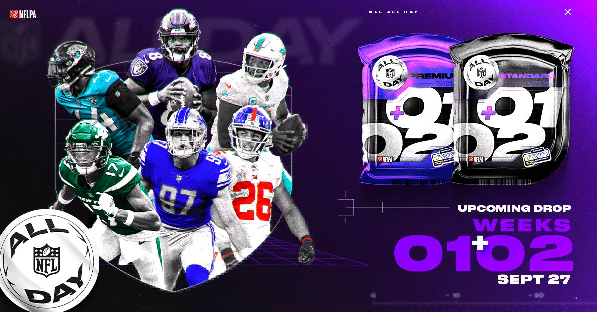 New @NFLALLDAY Pack Drop Details 🔥 🏈 Premium | $259 | 9/27, 1 PM ET 8 Moments per pack: • 6 Common • 1 Rare • 1 Common Special Edition, Rare or Legendary 🏈 Standard | $59 | 9/27, 3 PM ET 4 Moments per pack: • 3 Common • 1 Common Special Edition, Rare or Legendary