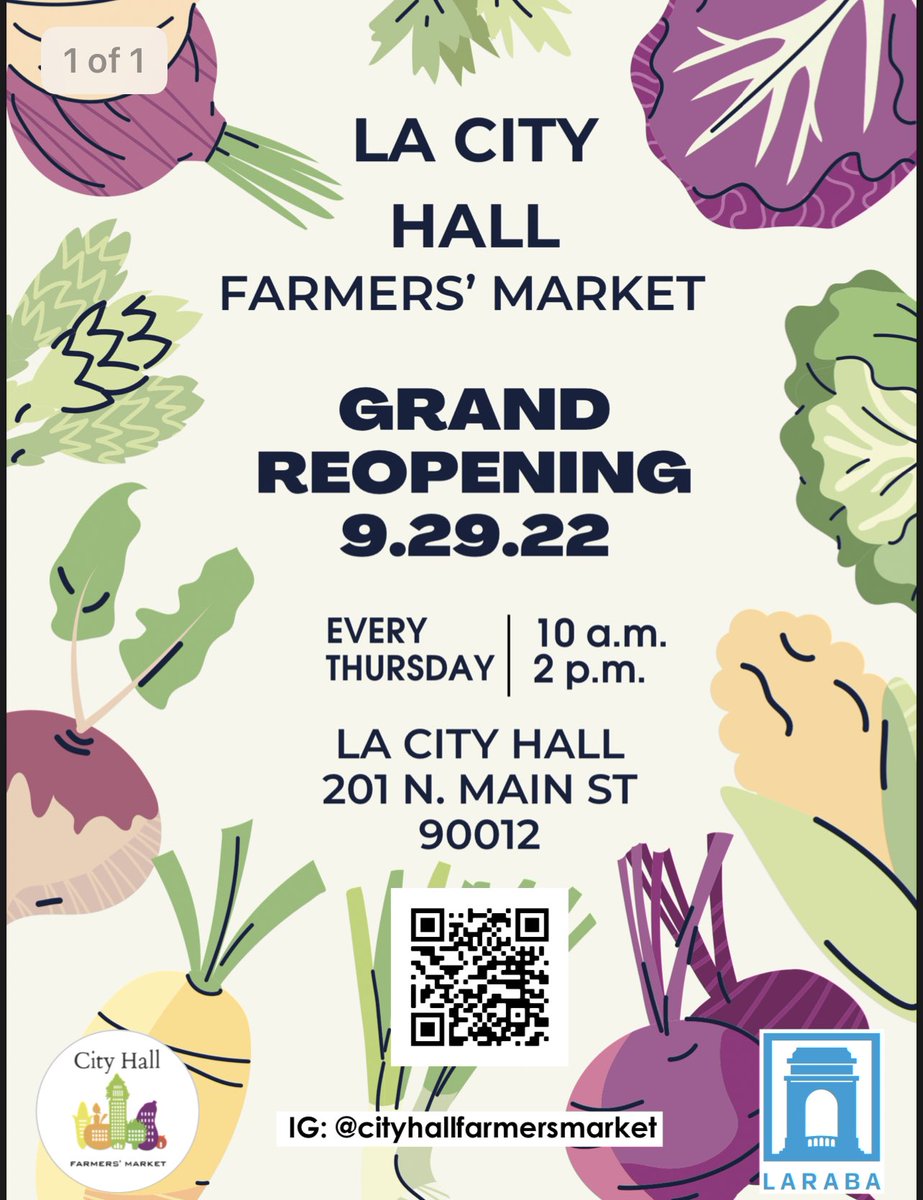 bridgefestla's tweet photo. Join us on Thursday, 9.29.22 at City Hall for the grand reopening of Farmers’ Market #dtla #buylocal https://t.co/7NgqFPfq9L