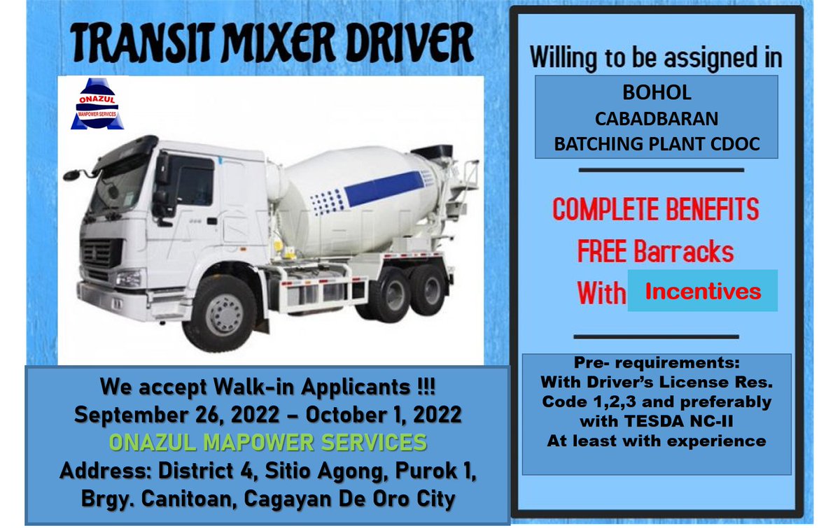 OnazulManpowerS's tweet photo. #JobHiringNow #TransitMixerDriver #Hiring #CagayanDeOroCity #HeavyEquipmentOperator 
@JobStreetPH #OnazulManpowerServices
@HiringCare https://t.co/V4uIzfzgeb