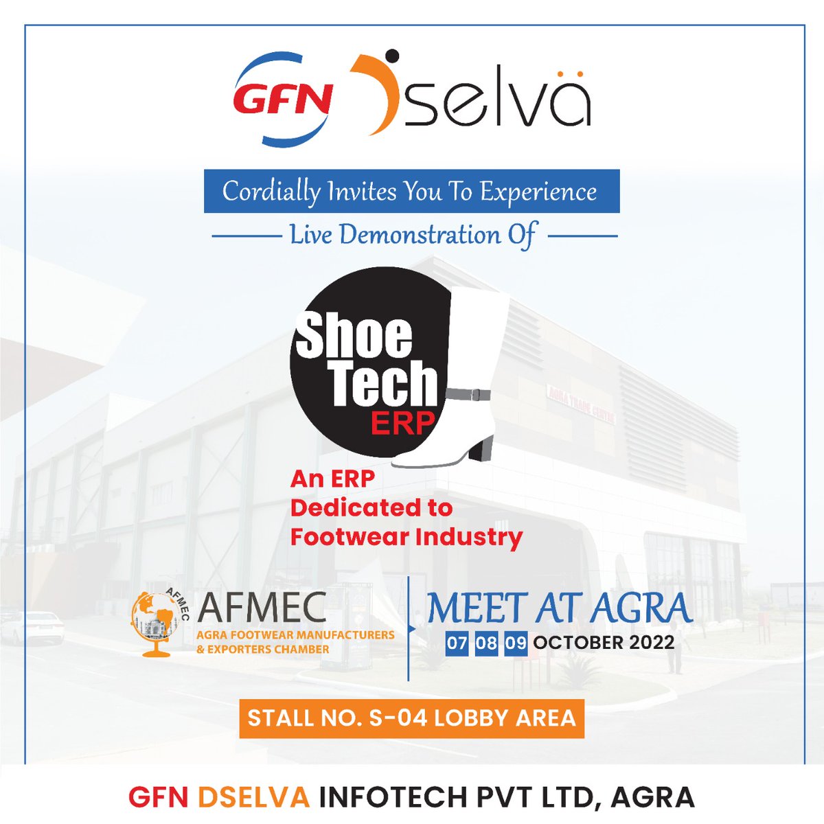 MeetatAgra's tweet photo. The Growth Fair is Back: Meet at Agra 2022.India's Biggest Leather, Footwear Components and Technology Fair.07 to 09 OCT 

For Shoe Tech ERP Visit Stall No S.4 in Lobby area at Agra Trade Centre Agra.

#MeetatAgra2022 #AFMEC 
#AgraFootwearIndustries 
#LeatherFair #ComponentsFair https://t.co/cWtFWtTy2R