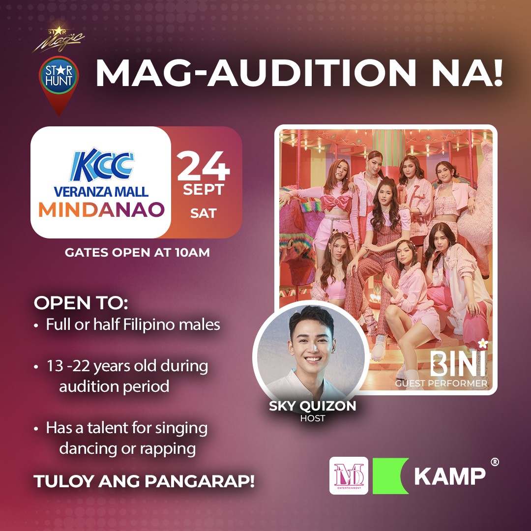 starhuntabscbn's tweet photo. Audition now for the Next Global Pop Group! Kung ikaw ay 13-22 yrs old, male, at may talent sa singing, dancing & rapping, bagay na bagay ka dito! Let's go!
Pwede ka ring MAG-AUDITION ONLINE
sa π https://t.co/FbI8JYVXMJ
TULOY ANG PANGARAP!
#StarHuntisBack #DreamMaker https://t.co/To0SEwvHiV