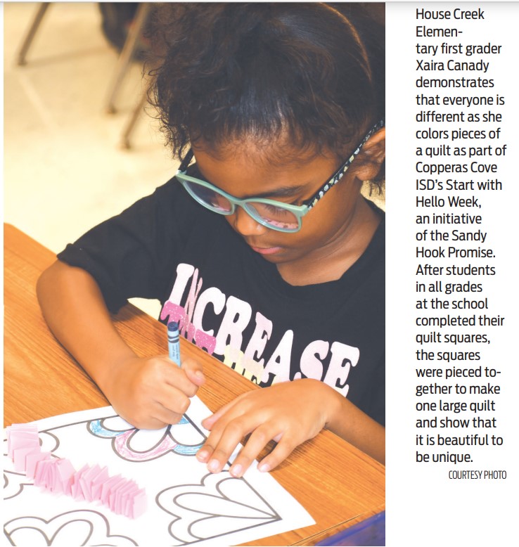 IN THE NEWS STARTING WITH HELLO! Check out this House Creek Elementary student featured for Start with Hello Week, an initiative of the Sandy Hook Promise, in this week's Copperas Cove Herald! #CCISDRiseUp https://t.co/qxQEnJoZIK