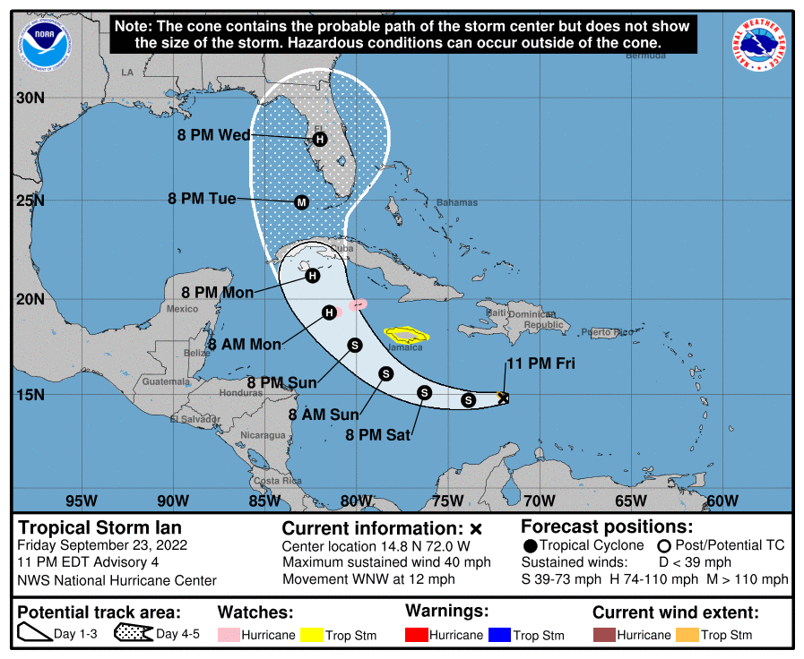 weatherjamaica's tweet image. According to the U.S. National Hurricane Center, Tropical Depression #9 has now strengthened to Tropical Storm Ian. Moderate to heavy rainfall is expected to affect sections of Jamaica from this system tomorrow into Sunday.